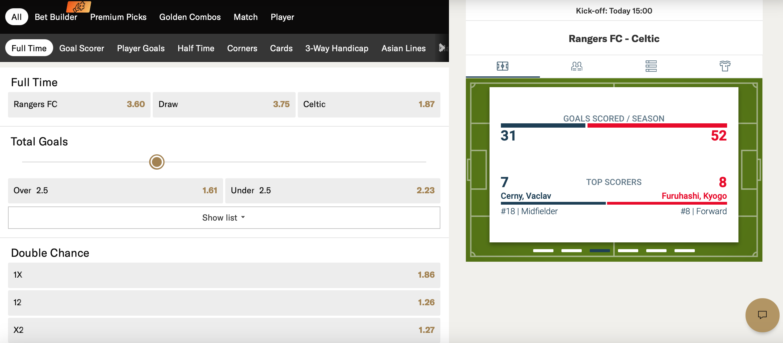 BetMGM's sports event page for a Rangers v Celtic game, showing betting markets on the left and recent performance statistics and other information on the right